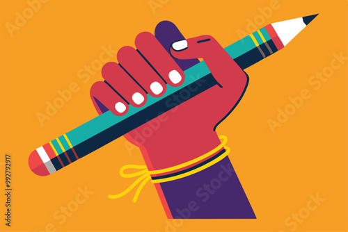 A hand firmly holds a bright pencil, poised for artistic creation against a cheerful backdrop, Customizable illustration with disproportionate rain.
