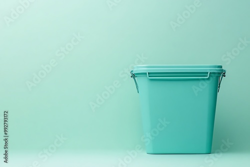 Empty green trash bin on color background. space for text