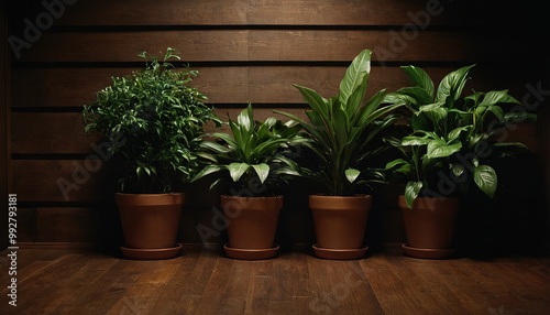 Plants on a wooden table with a wall behind them 37