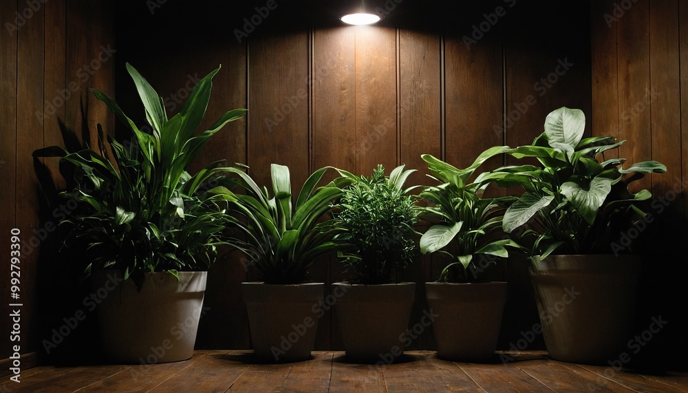 Plants on a wooden table with a wall behind them
34