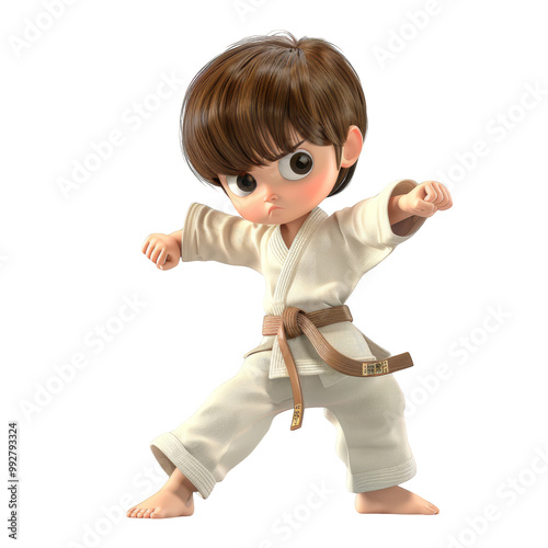 A cartoon boy in a white karate gi with a brown belt, stands in a fighting stance with his arms extended.