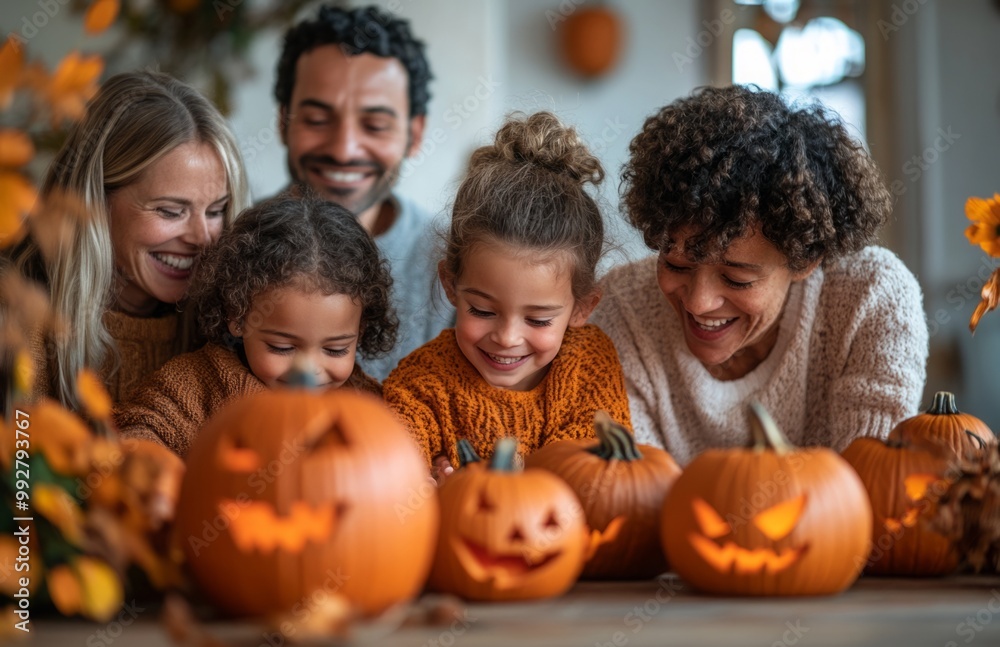 Fototapeta premium Children carving pumpkins at a table, parents watching with smiles, filled with joy
