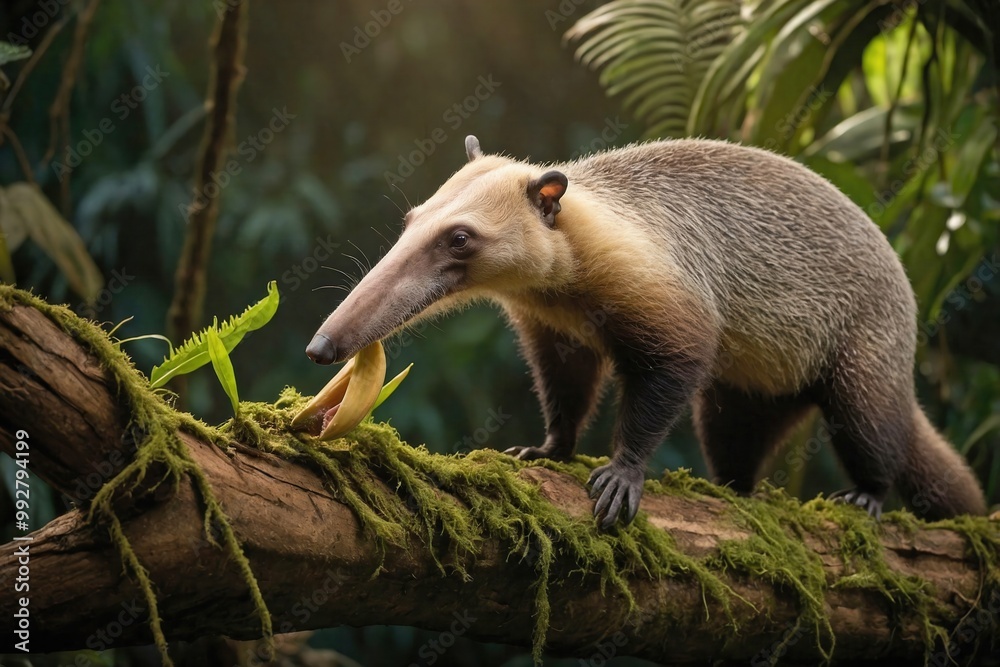 Fototapeta premium Anteater Foraging Near a Fallen Tree in a Dense Jungle