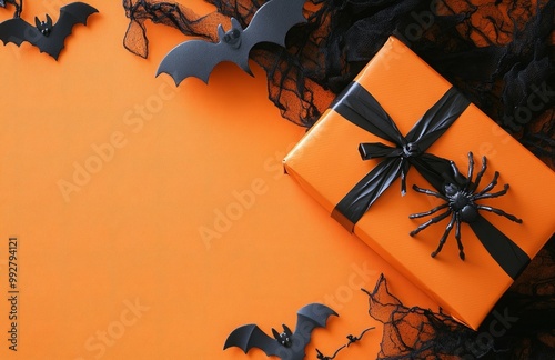 Halloween background featuring a gift box, spider, and bat on orange paper, flat lay style