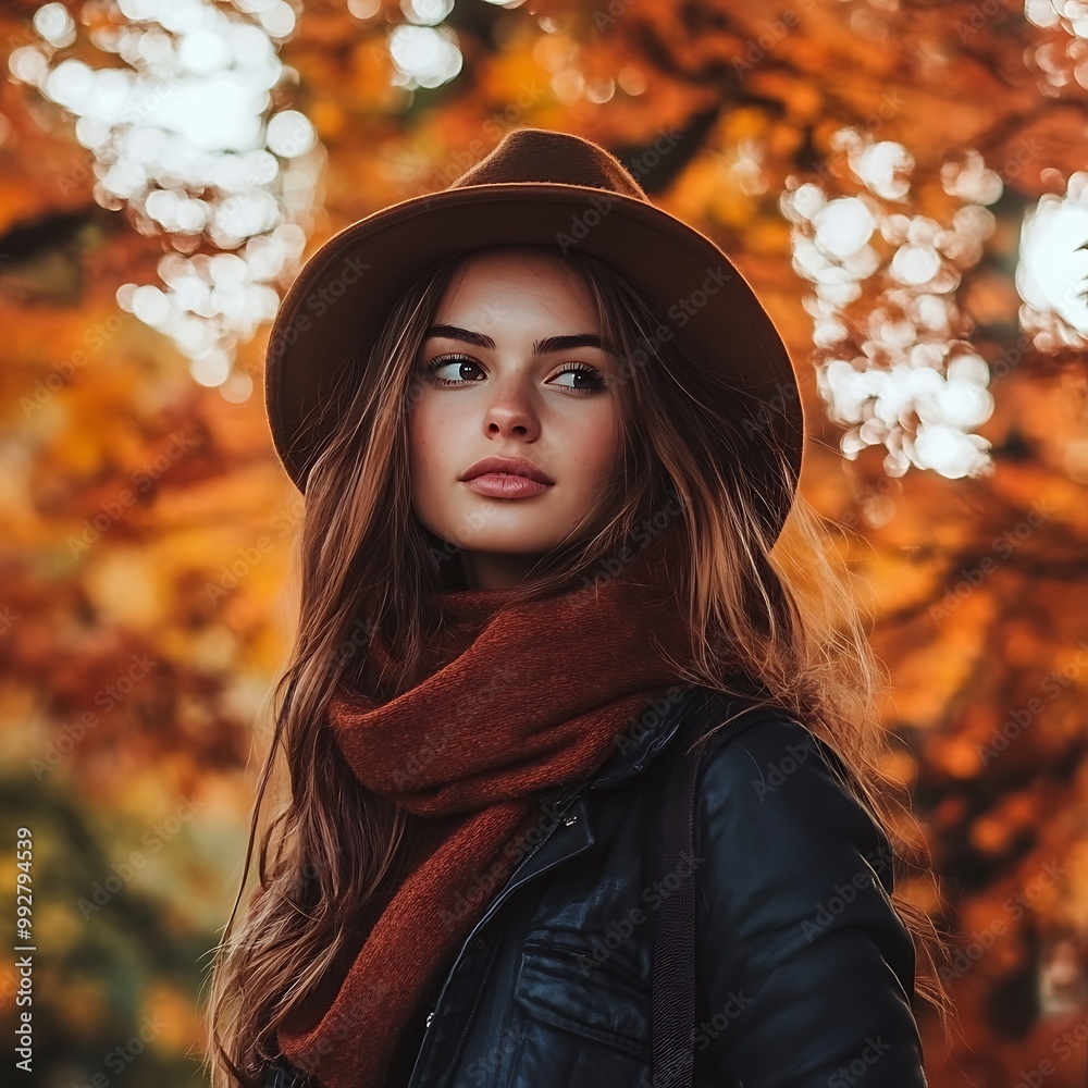 Woman in a Hat and Scarf Against a Background of Autumn Leaves. Woman in a Hat and Scarf Against a Background of Autumn Leaves.
