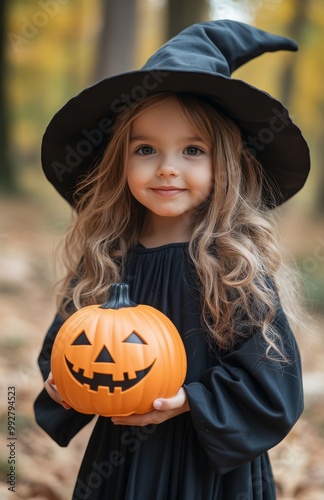 Happy little girl dressed as a witch, holding a pumpkin candy bag for Halloween