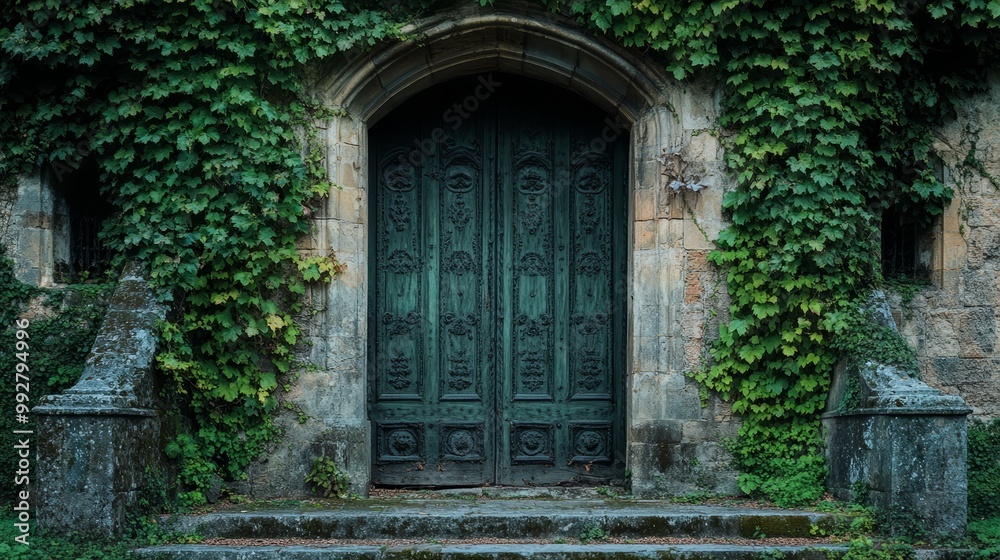 Historic castle or building doors with overgrown vines. Isolated architectural elements and exteriors. Doorways and entryways adorned with creeping plants. Historic castle or building doors with overgrown vines. Isolated architectural elements and exteriors. Doorways and entryways adorned with creeping plants.