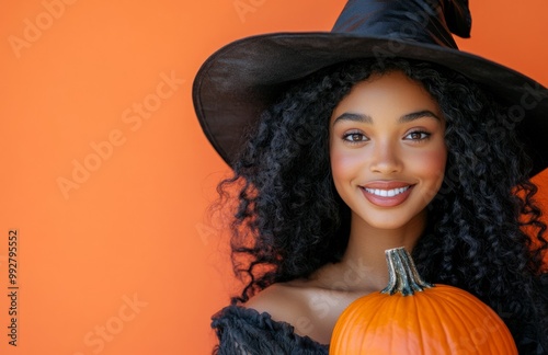 Smiling young African American woman in witch costume, holding pumpkin on bright orange background