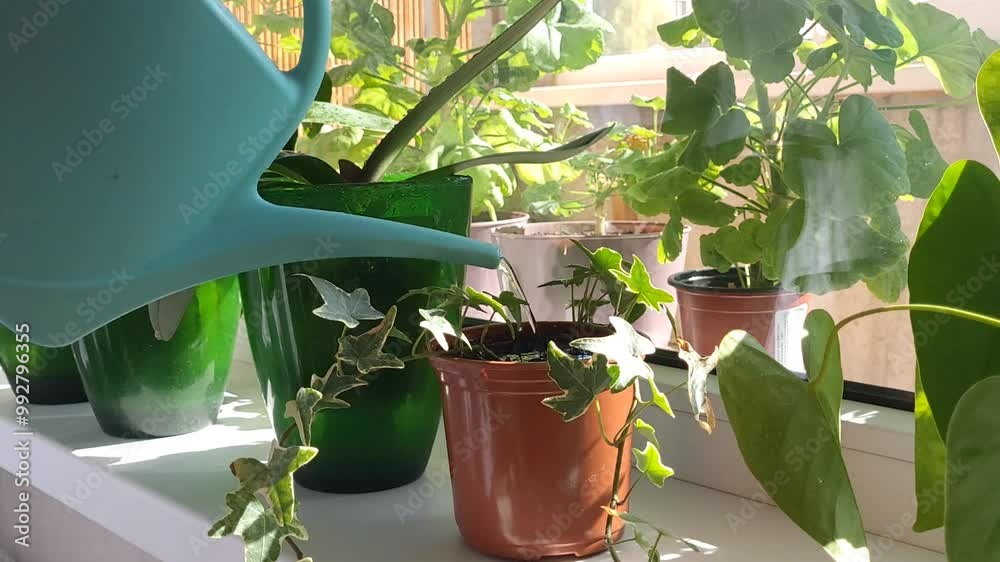 Woman watering plant flower pot indoor plant with dirt or soil at home. Gardening plant and green tropical concept