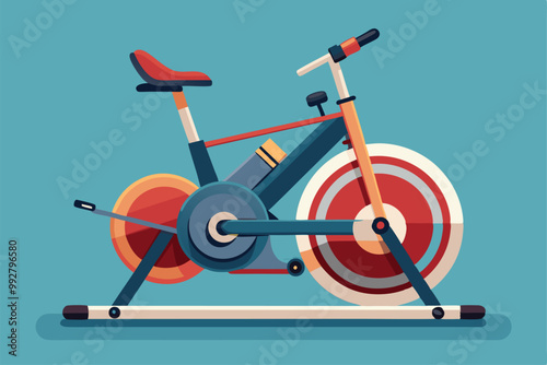 A colorful indoor bike designed for customizable fitness routines, featuring a unique aesthetic, Customizable indoor bike with disproportionate illustration.