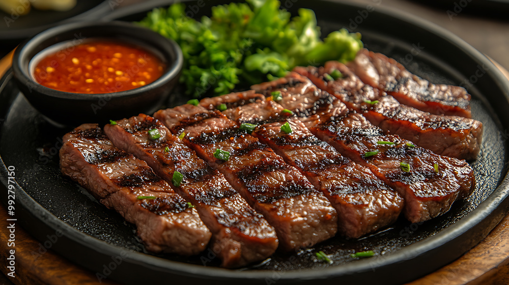 Grilled beef slices served on a hot plate with spicy dipping sauce, grilled beef Grilled beef slices served on a hot plate with spicy dipping sauce, grilled beef