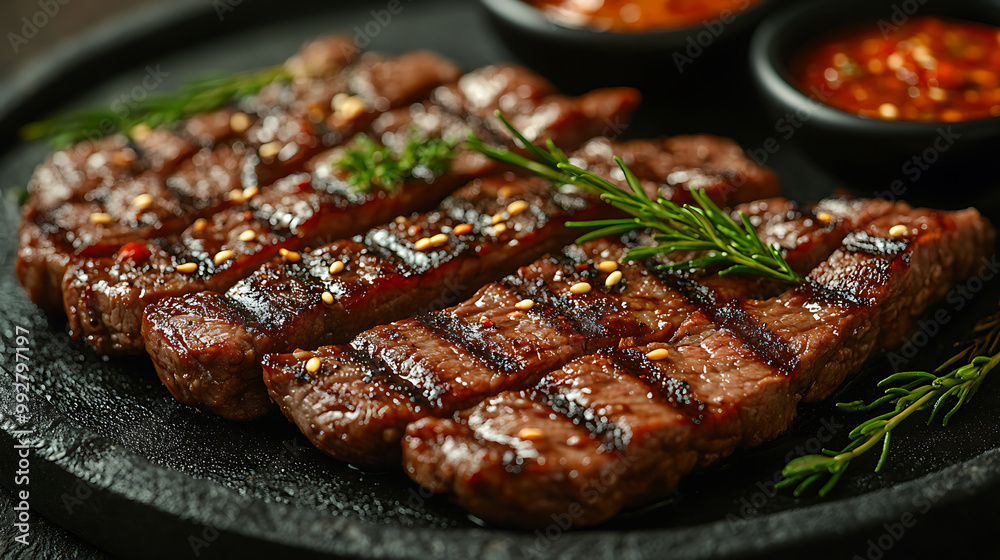 Grilled beef slices served on a hot plate with spicy dipping sauce, grilled beef Grilled beef slices served on a hot plate with spicy dipping sauce, grilled beef