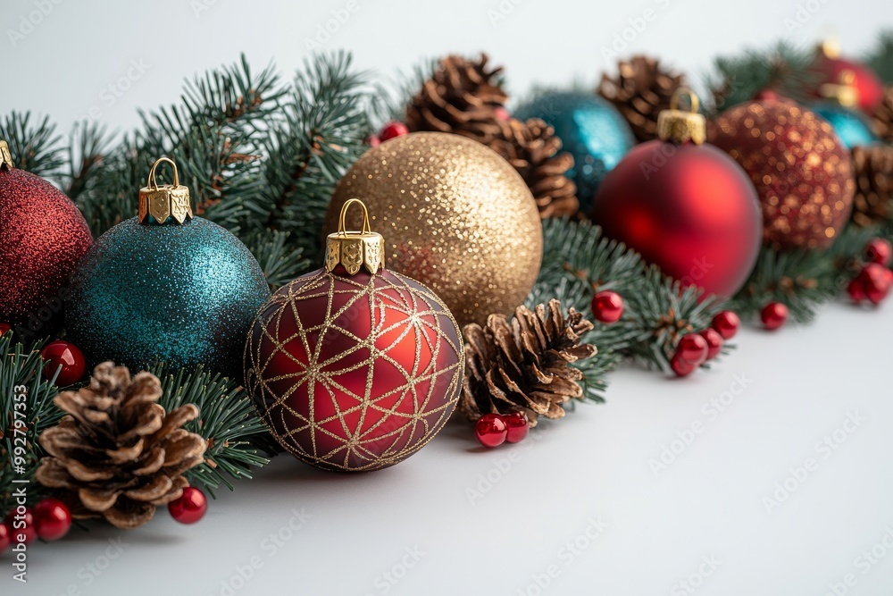 Spruce branches decorated with Christmas ornaments, placed on a bright white background, featuring red baubles, golden stars, and twinkling lights. Generative AI