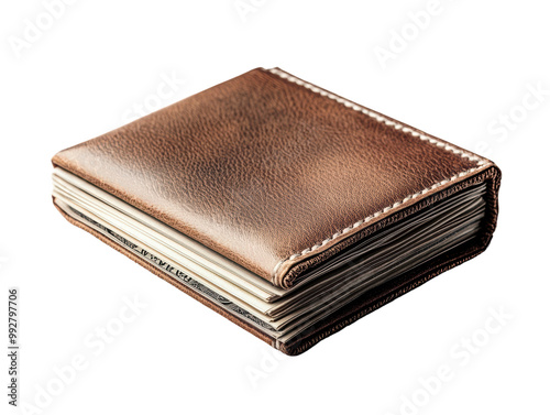 A brown leather wallet displayed against a black background, showcasing its texture and spacious design. photo