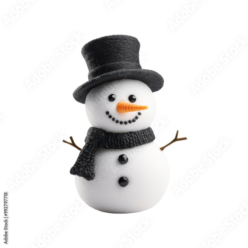 A cheerful snowman with a black hat, orange carrot nose, and a gray scarf, set against a black background.