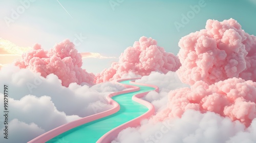 Capture the essence of cloud computing in a surreal landscape where data flows like rivers through the sky. photo