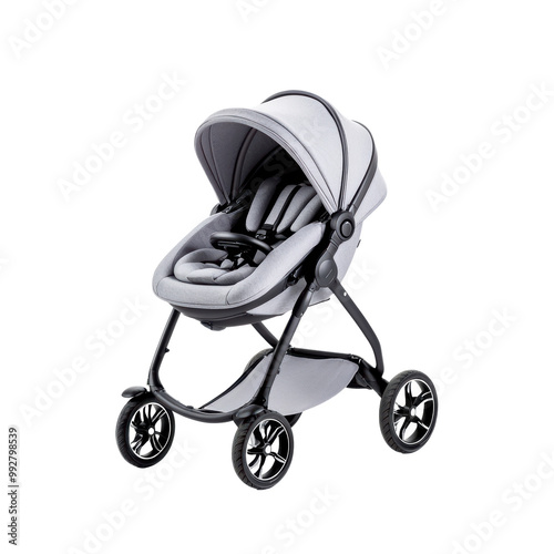 Modern Grey Baby Stroller with Adjustable Canopy and Comfortable Seat on Transparent Background