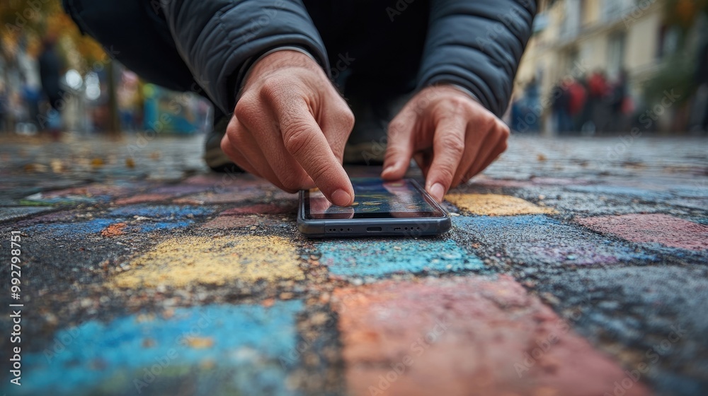 Close-up of hands using a smartphone with a chalk drawing Close-up of hands using a smartphone with a chalk drawing