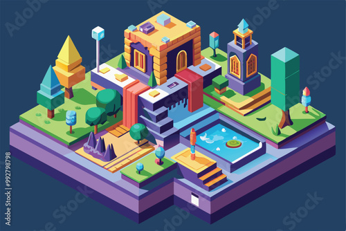 Explore a colorful fantasy landscape featuring unique architecture, trees, and water elements in isometric view, Customizable Isometric Illustration