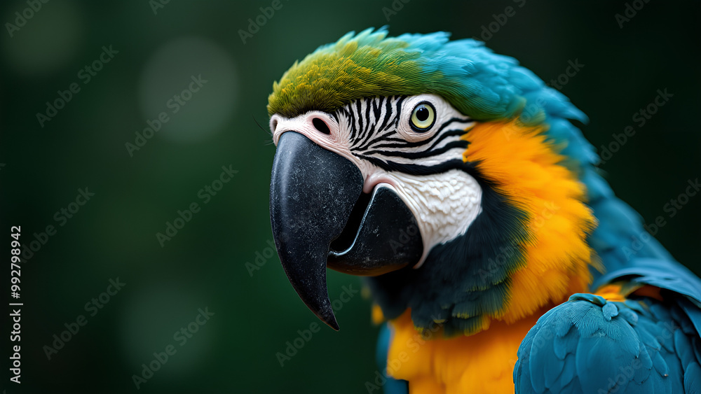 close-up photorealistic photograph of a vibrant blue and yellow macaw's face showcasing its intricate feathers sharp beak and expressive bright black eyes close-up photorealistic photograph of a vibrant blue and yellow macaw's face showcasing its intricate feathers sharp beak and expressive bright black eyes