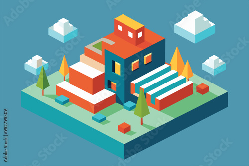 The illustration showcases a colorful isometric building surrounded by trees and clouds in an artistic landscape, Customizable isometric illustration by a mural artist.