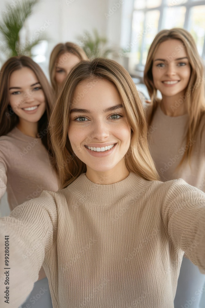 Female-led team taking a selfie in a bright and modern office, empowered women, leadership and teamwork, casual office attire Female-led team taking a selfie in a bright and modern office, empowered women, leadership and teamwork, casual office attire