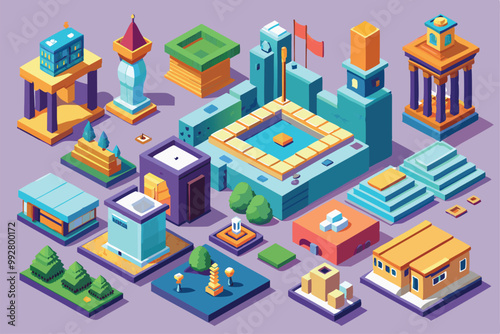 Explore a unique collection of customizable isometric illustrations showcasing various architectural designs, Customizable Isometric Illustration Collection