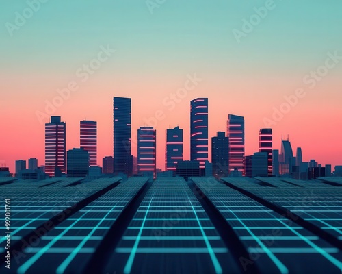 Futuristic cityscape powered by a solar energy grid, with rooftop panels and glowing smart grid lines connecting buildings