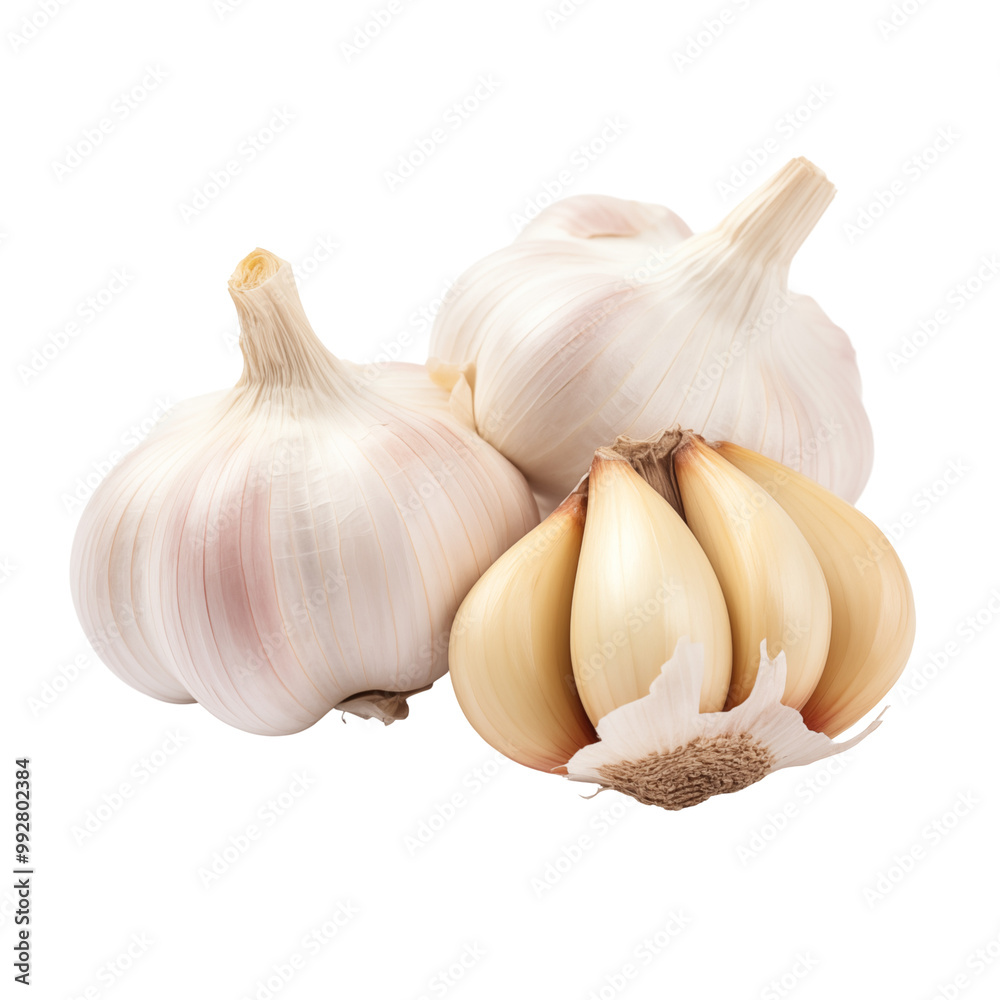Obraz premium Three Whole Garlic Bulbs With Peeled Cloves Isolated On White Background