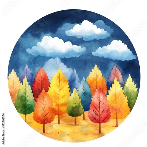 Watercolor illustration of autumn forest with blue sky and white clouds.