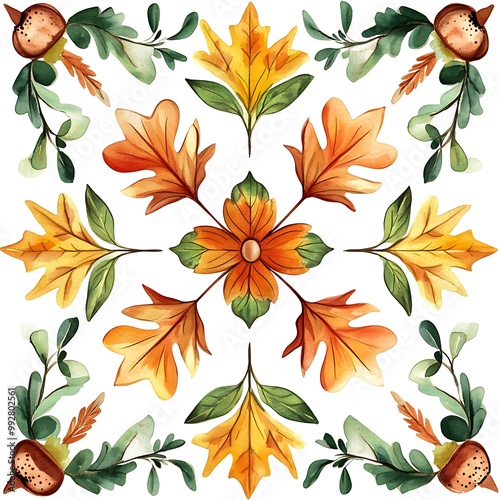 Watercolor Floral Pattern with Autumn Leaves and Berries.