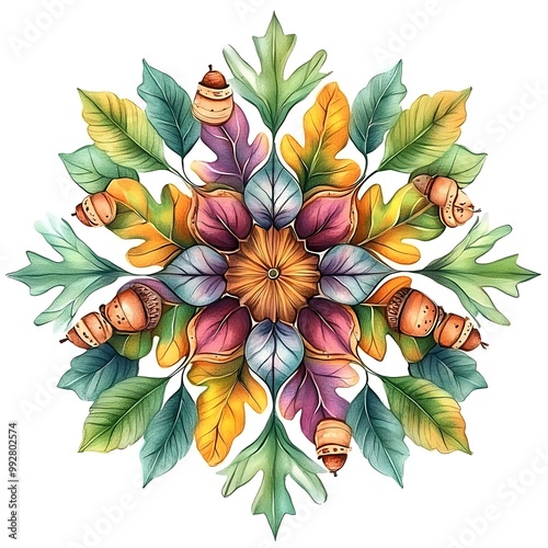 Watercolor Autumn Leaves and Acorns Mandala Design.