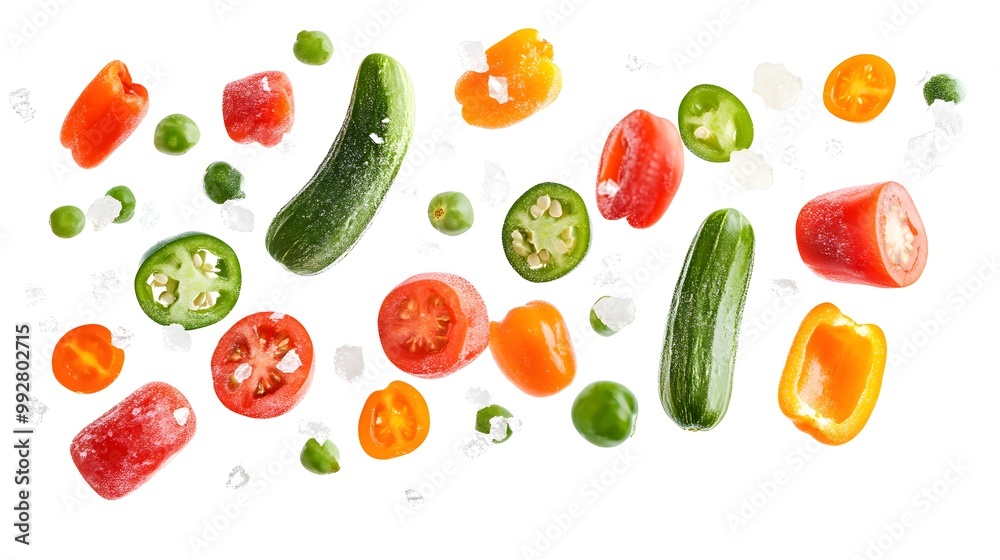Mixed vegetables frozen mid-air during a fall isolated on a white background