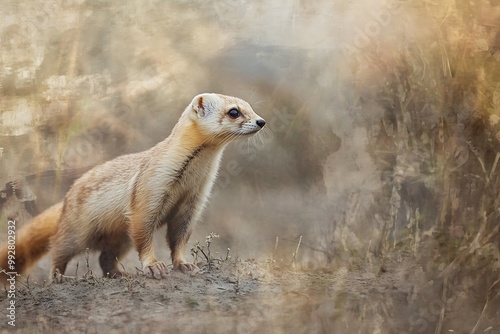 A Blurry Portrait of a Yellow-Bellied Weasel in a Natural Setting. photo