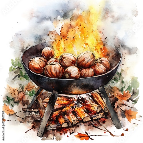 Watercolor Illustration of Chestnuts Roasting over a Fire.