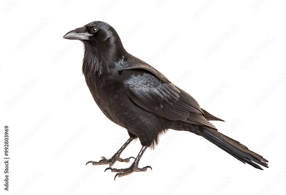 Fototapeta premium Black Raven Standing In Profile With Glossy Feathers On White Background