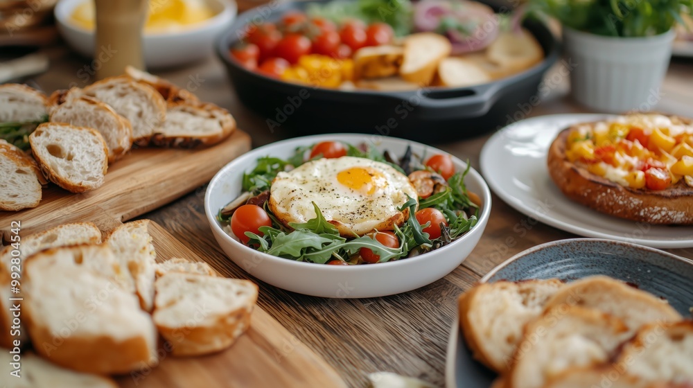 Delicious Fried Egg Salad with Cherry Tomatoes and Bread Croutons Delicious Fried Egg Salad with Cherry Tomatoes and Bread Croutons