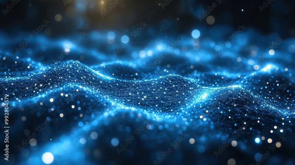 A digital wireframe of plexus polygons against a blue gradient, representing big data and technology concepts in a futuristic banner.