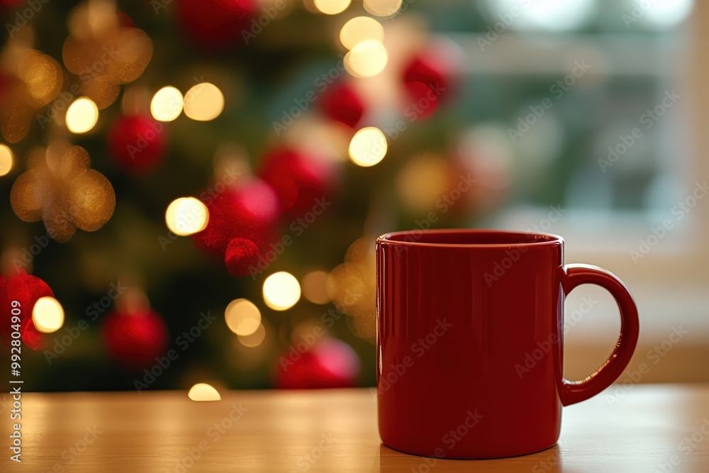 Red Mug Mockup with Blurred Christmas Tree and Ornaments in Background Red Mug Mockup with Blurred Christmas Tree and Ornaments in Background