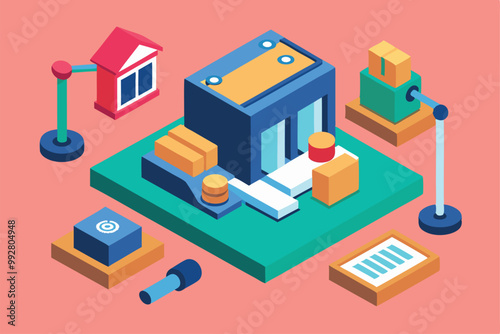 An isometric illustration showcases a vibrant auction setup with houses, boxes, and bidding tools, Customizable isometric illustration for auction.