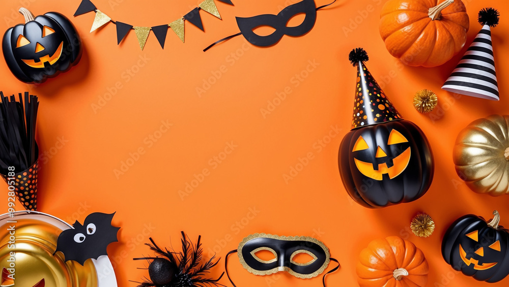 This bright Halloween background features festive decorations like jack-o'-lanterns, a party hat, and a mask on an orange backdrop, creating a playful, celebratory feel. This bright Halloween background features festive decorations like jack-o'-lanterns, a party hat, and a mask on an orange backdrop, creating a playful, celebratory feel.