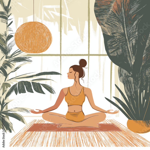  Relaxing yoga posters and banners for interior styling for relaxation areas. The concept of hand drawn beauty, cool and calmin color  photo