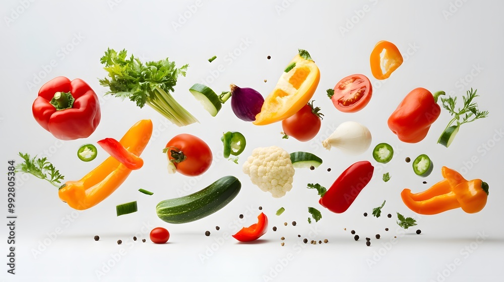 Mixed vegetables falling in mid-air with full depth and detail on a white backdrop