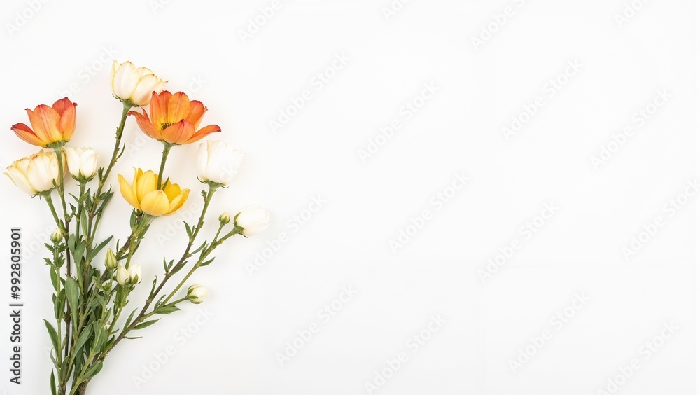 Obraz premium Colorful ranunculus bouquet with orange, yellow, and white flowers on a white background with copy space