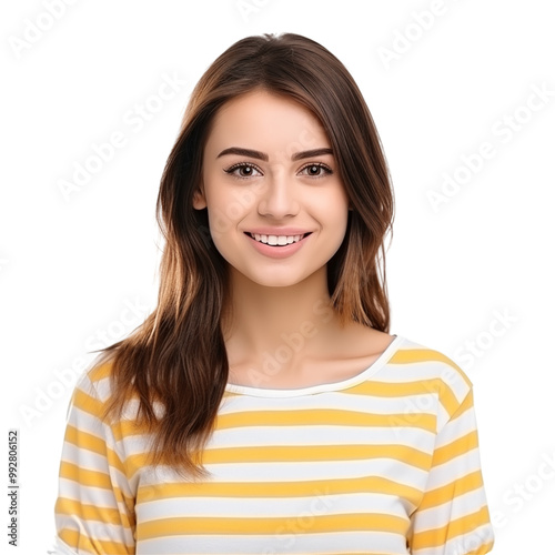 Smiling Young Woman Wearing A Yellow Striped Shirt On A White Background