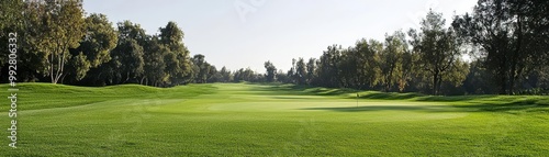 A serene view of a beautifully maintained golf course with lush green fairways and surrounding trees under a clear sky