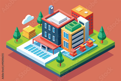 A colorful isometric view showcases a city block with buildings, trees, and parking spaces on a sunny day, Customizable isometric illustration for buildings.