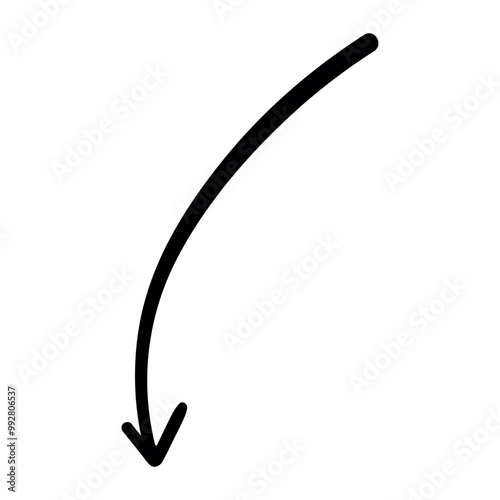 Single hand draw black and white arrow down in doodle, flat style isolated on white background. Vector illustration sketch design element.Icons.