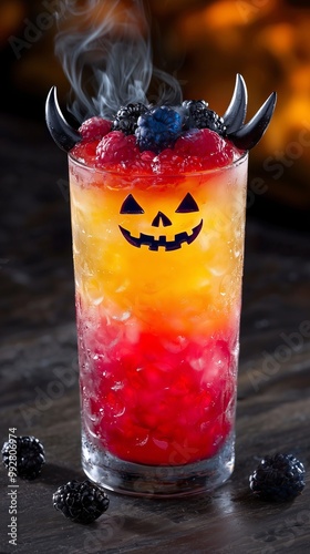 Spooky halloween cocktail with smoky berries and devilish horns photo