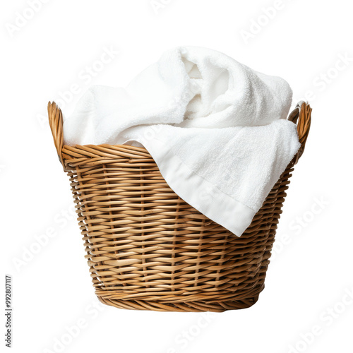 Wicker Basket Filled with Clean White Towels Isolated on Transparent Background